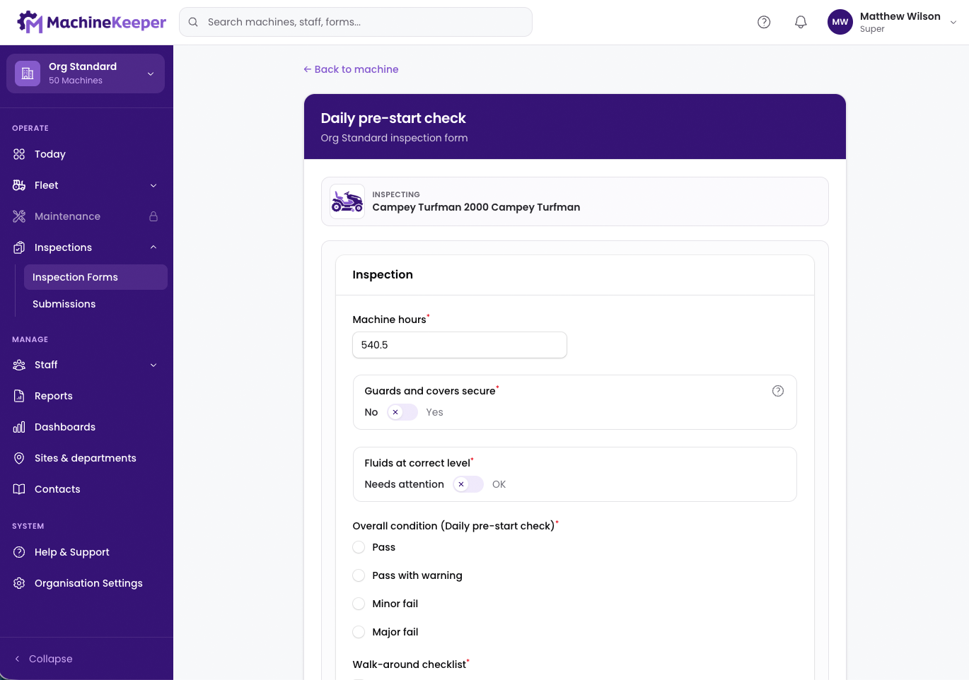 Daily pre-start inspection form on desktop