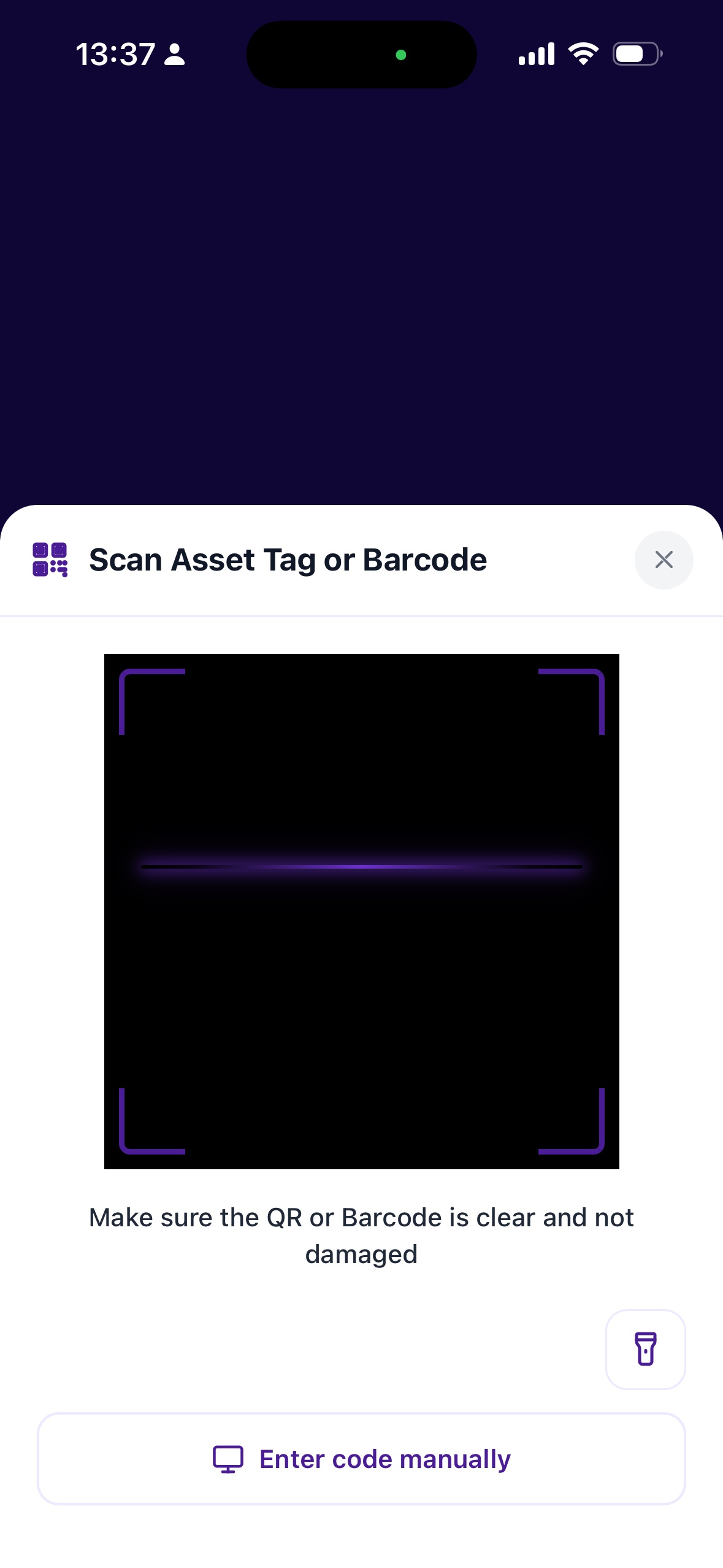 Scan asset tag or barcode screen