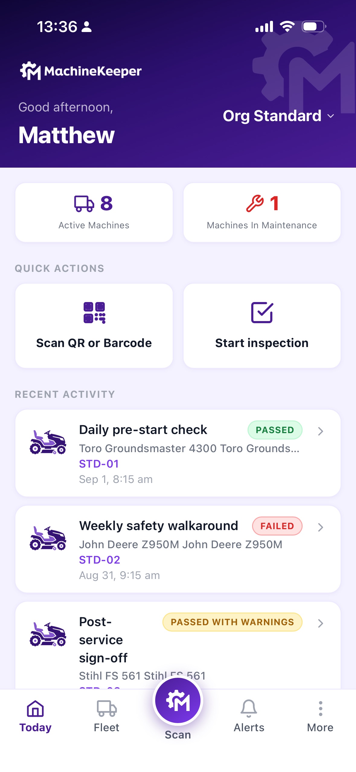MachineKeeper Today screen showing active machines and recent activity