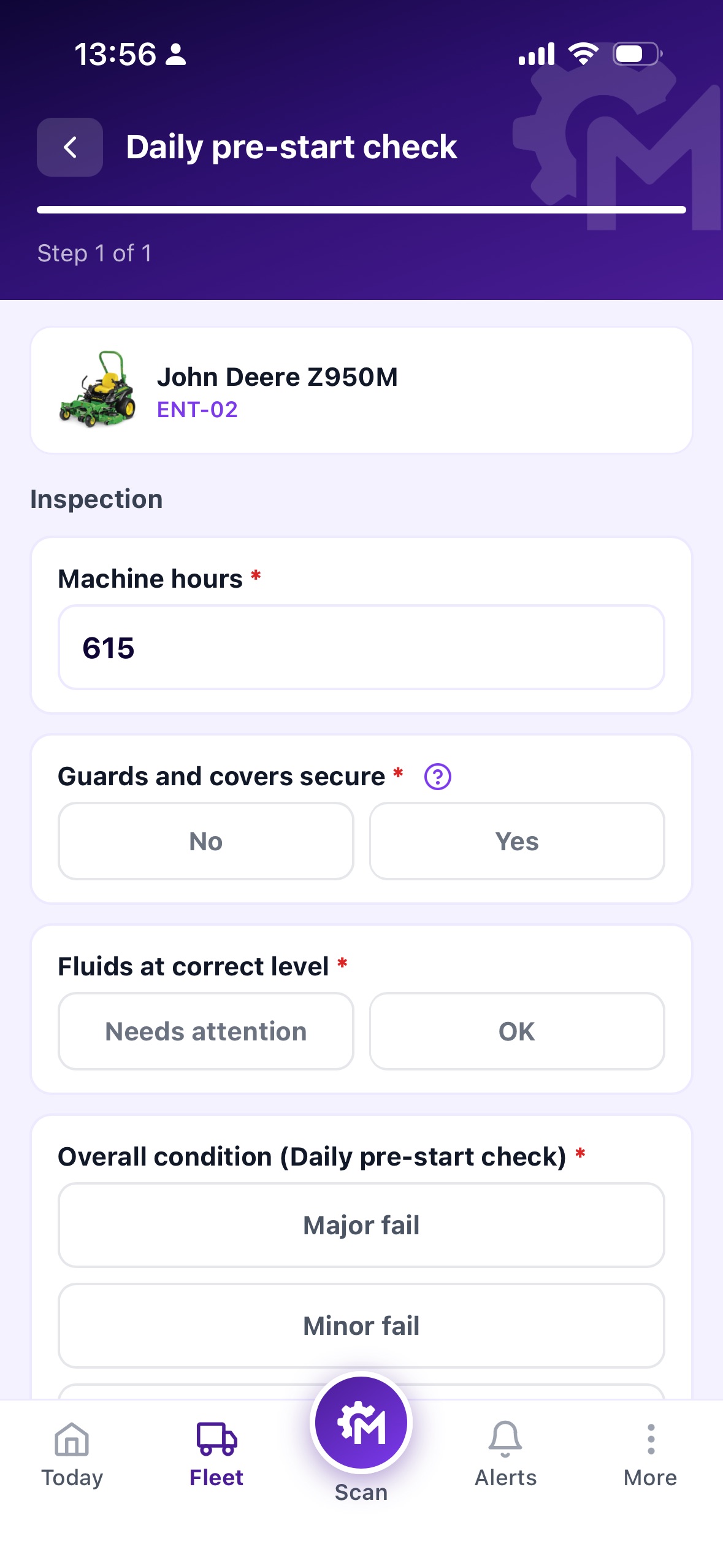 Daily pre-start inspection form on a mobile device