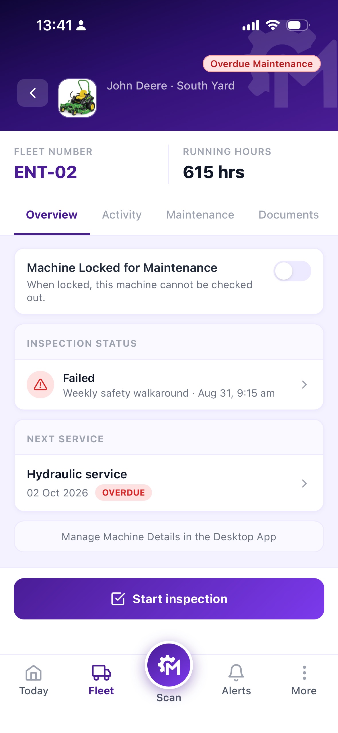 Machine profile with overdue maintenance and failed inspection status